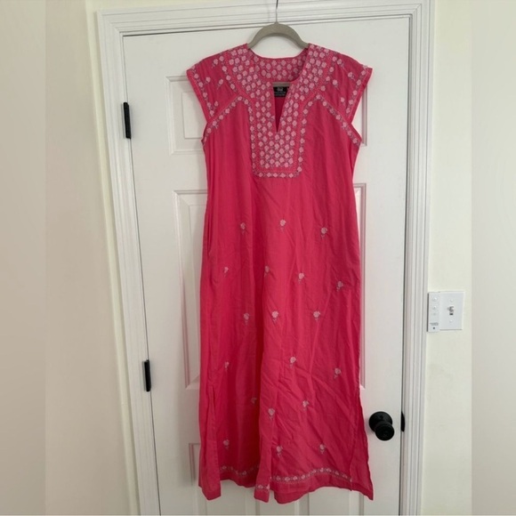 Madison Mathews Elysa Maxi Dress Pink Cotton Tunic Embroidered Flower XS - Picture 1 of 2